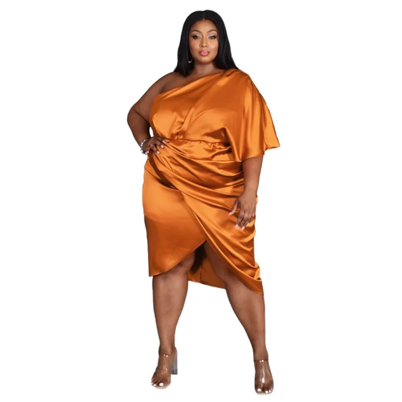 

African Commuting Fashion Large Size Women's Pleated Zipper Asymmetrical Waist Retraction Single Sleeve Mercerized Dress Skirt