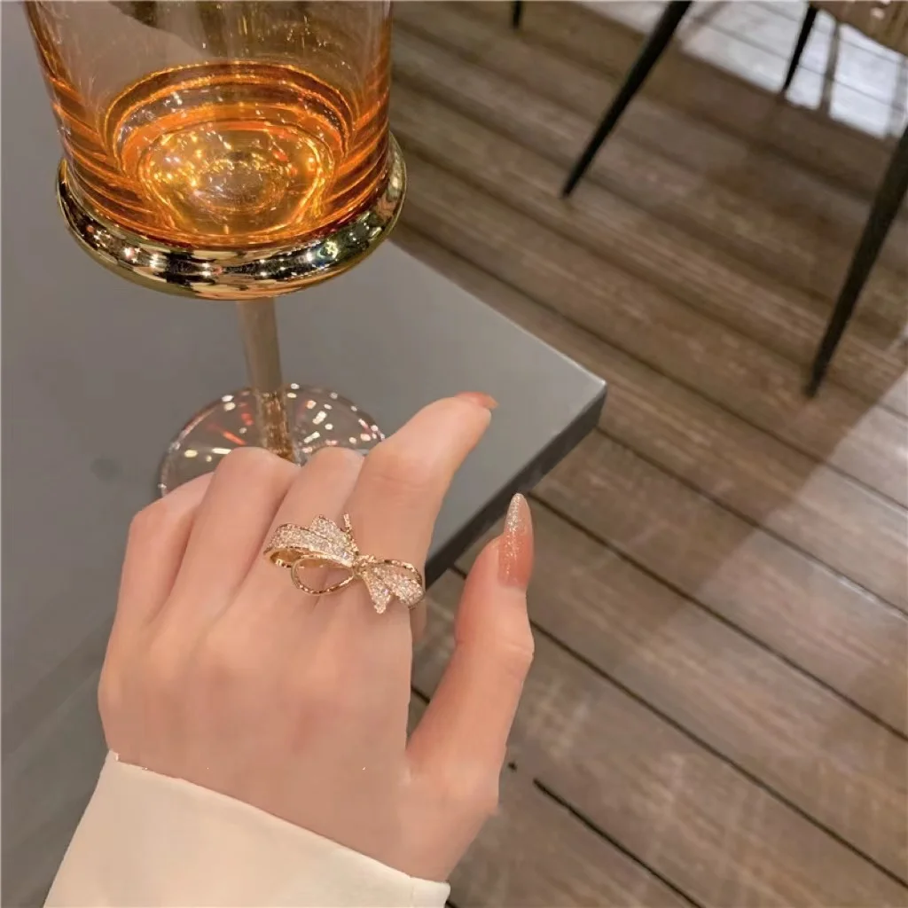 

S925 Silver Light Luxury High-Grade Micro Inlaid Zircon Bowknot Open Ring Engagement Ring