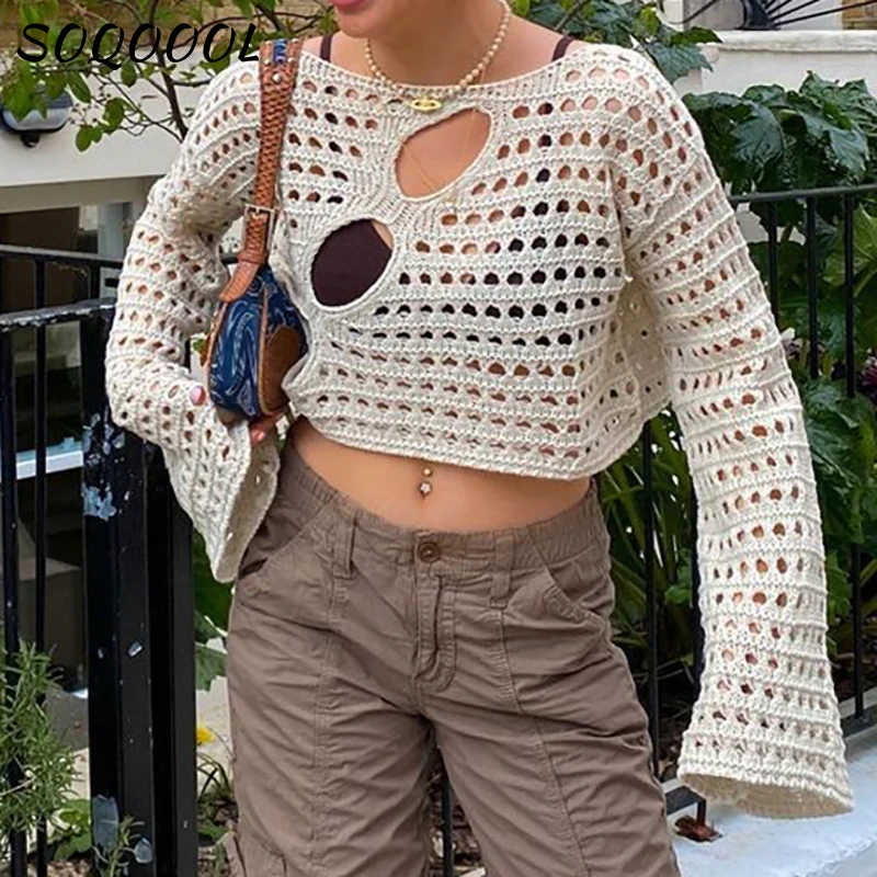 Y2K Укороченный трикотажный топ с вырезами Женский винтажный Свободный пуловер из