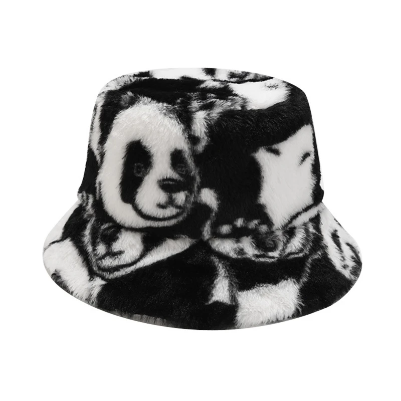 Black&White Color Faux Fur Bucket Hat Cartoon Panda Patter Bucket Hat Warm Fuzzy Winter Plush Fisherman Cap Unisex