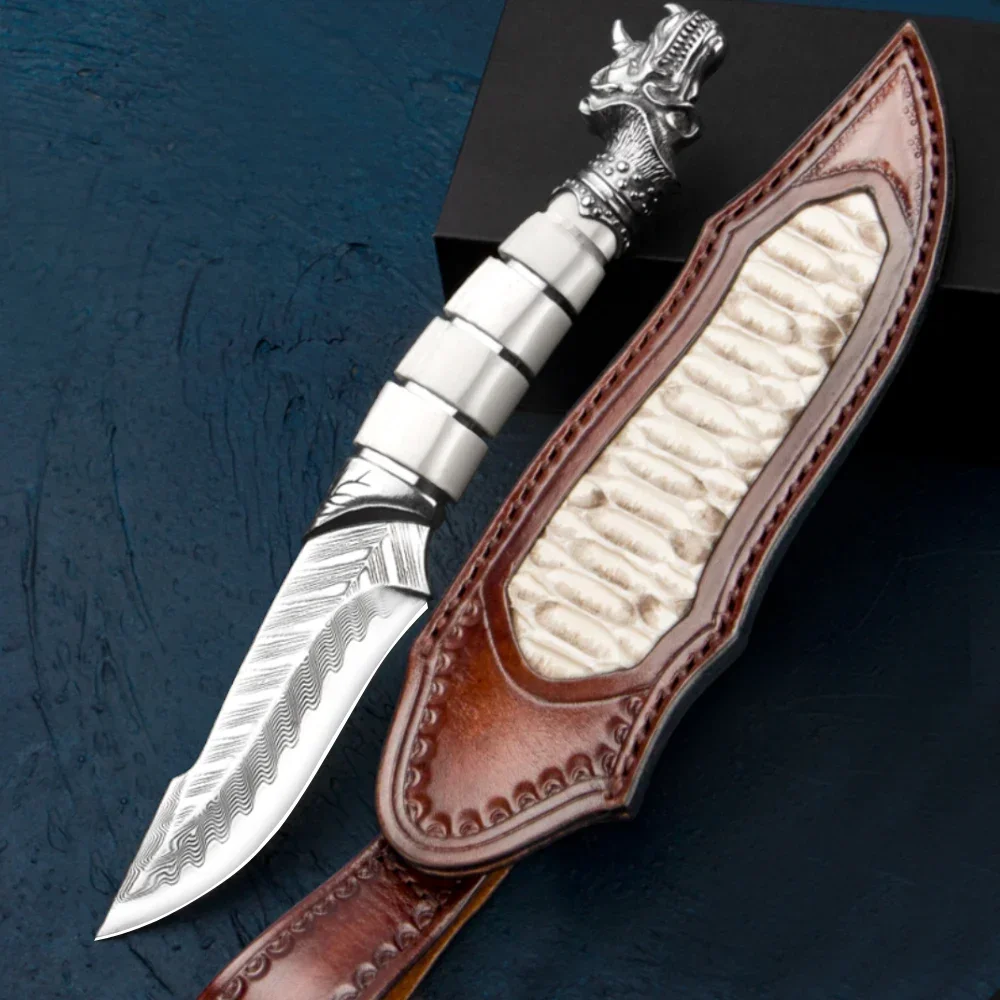 Дамасский нож Dragon King — охотничий ручной работы с ручкой из старых рогов