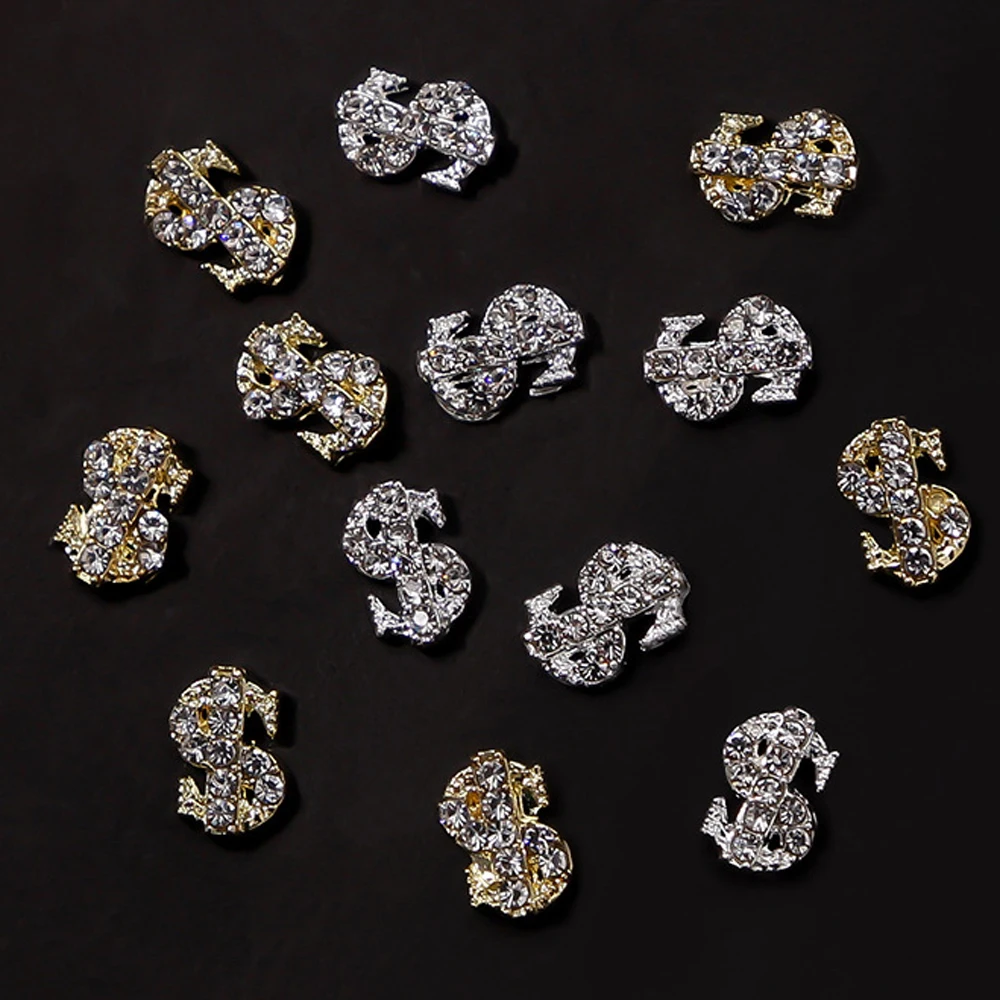 

10Pcs Diamond Dollar Sign Nail Charm Crystal Money Gold Silver Zircon Nail Rhinestones Gems Bling Diamonds 3D Manicure Decor &23