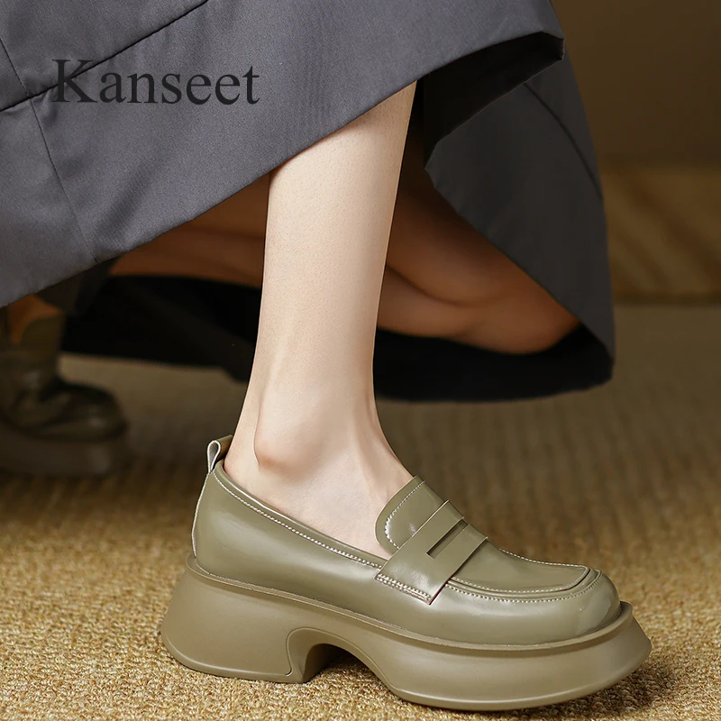 

Туфли Kanseet женские с круглым носком, коровья кожа, на массивном каблуке, повседневная лаконичная обувь, черные, коричневые, на платформе, лоф...