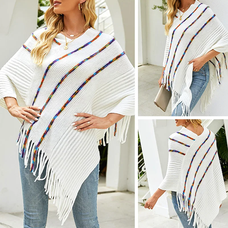 

Autumn Winter Tassel Sweater Pullover Capes Plus Size Poncho for Women Female Loose Casual Warm Knit Cloak Shawl
