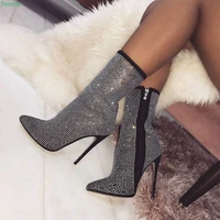 black rhinestones stretch mid boots womens 2022 solid autumn pointed toe stiletto heel zipper sexy fashion good plus size shoes