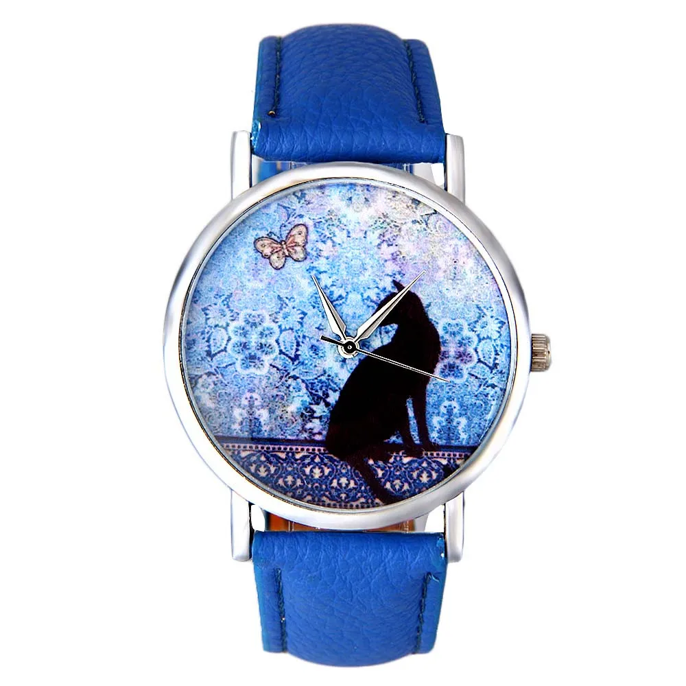 2022 Best Selling Trend Style Womens Cats Pattern Leather Band Analog Wrist Watch Elegant Korean Wave Classic Casual Watch