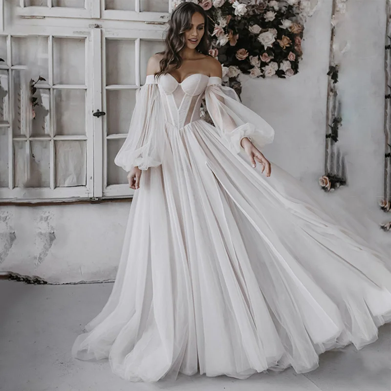 

Bohemian Tulle A Line Princess Wedding Dress Puff Sleeve Sweetheart Off Shoulder Bridal Gowns Robe De Soirée