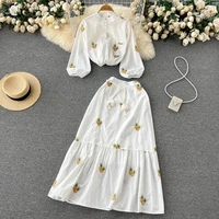 women 2022 fashion pineapple embroidery suit loose blouses shirt female half sleeve button up shirts chic tops long skirt set
