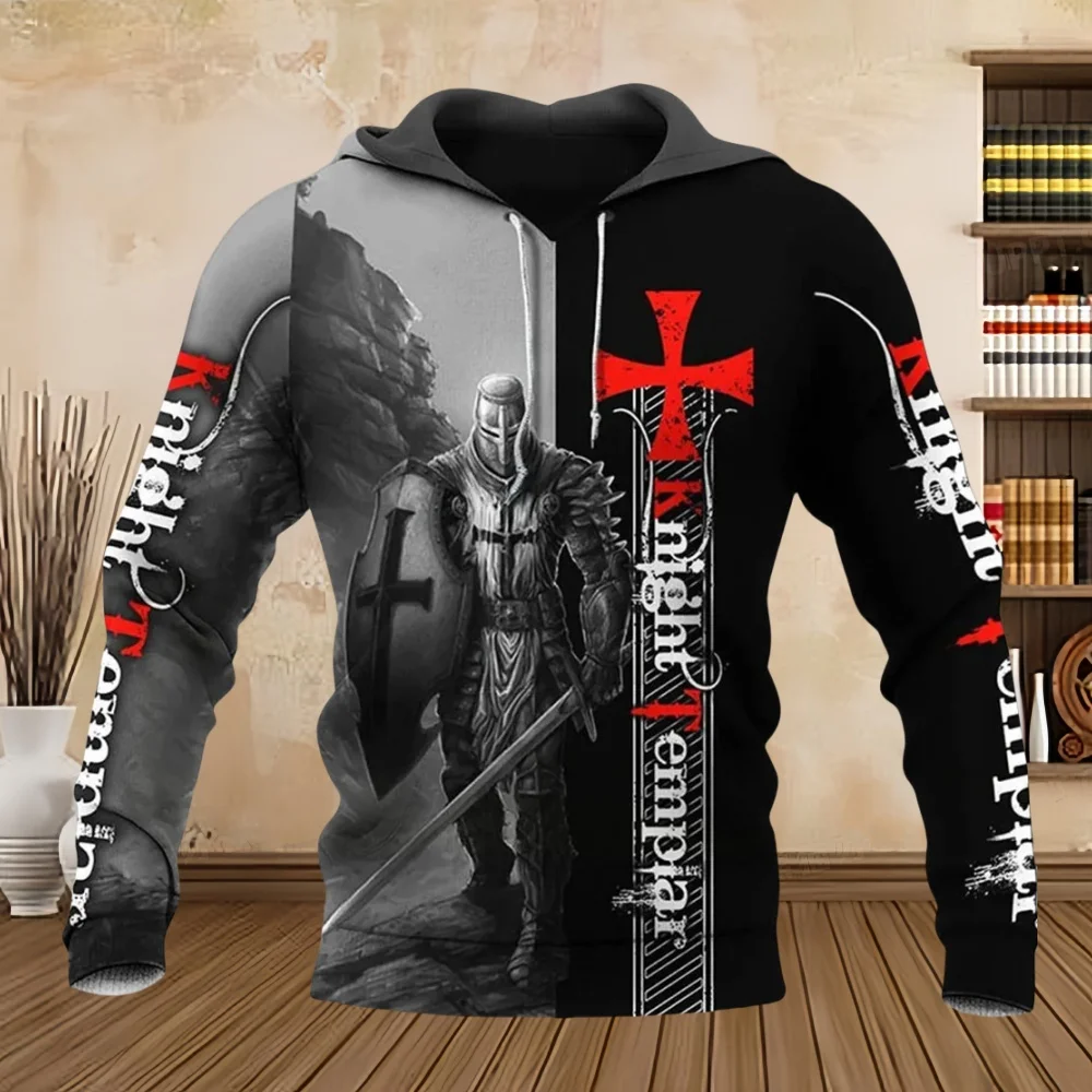 Осенняя толстовка с капюшоном для мужчин винтажный рыцарский принт модный