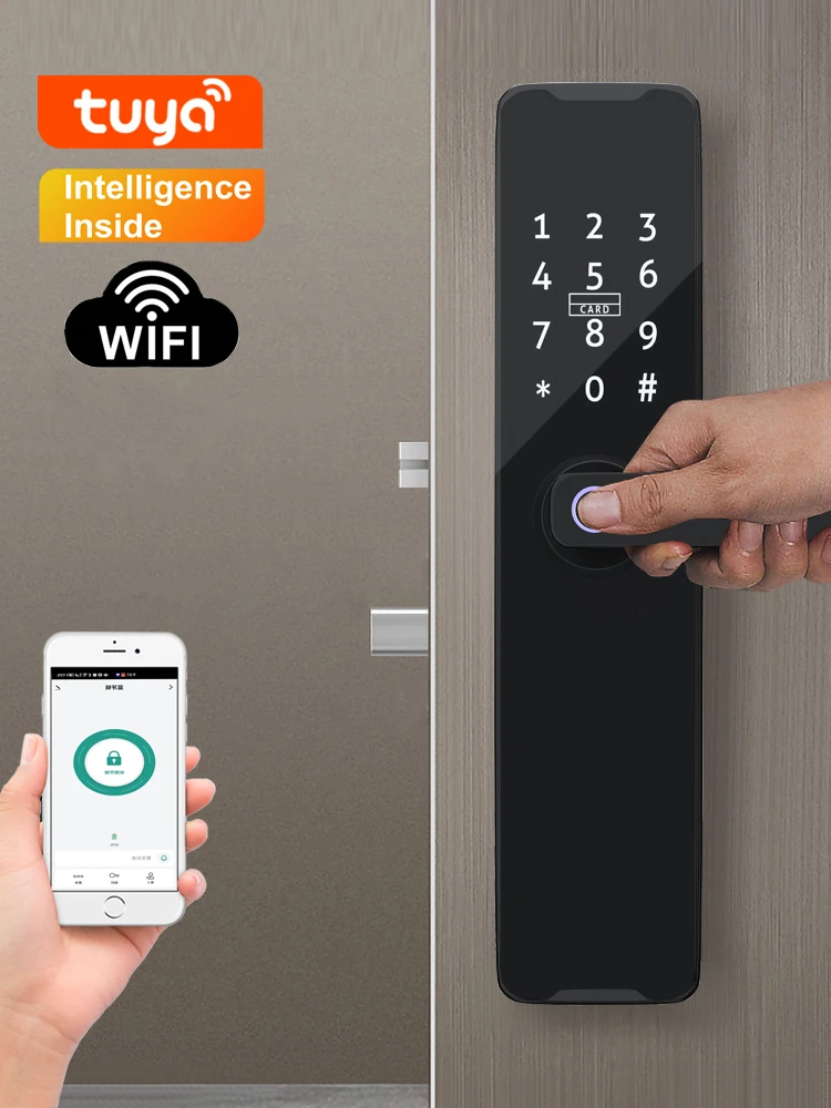 Tuya Wifi Digital Electronic Smart Door Lock With Biometric Fingerprint , Smart Card ,  Password , Key Unlock , USB Charge
