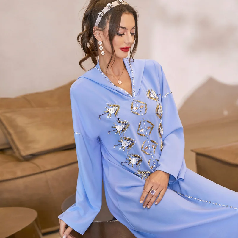 Women's Elegant Party Dresses Rhinestone Hooded Abayat Long Sleeve Split Hem Robe Abaya Ramadan Dress Jalabiya