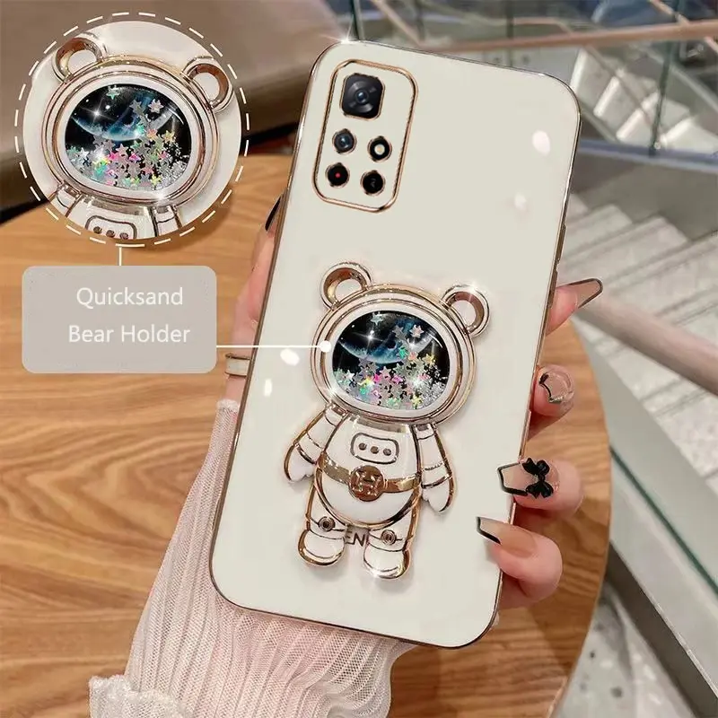 

Phone Case for Xiaomi Poco M4 Pro 5G Luxury Plating Quicksand Cartoon Bear Fold Stand Phone Case Cover
