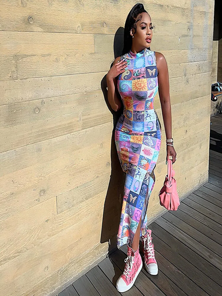 

Женское платье-макси без рукавов, облегающее элегантное пикантное платье с открытой спиной и разрезом, Дамское тонкое платье с запахом для ...