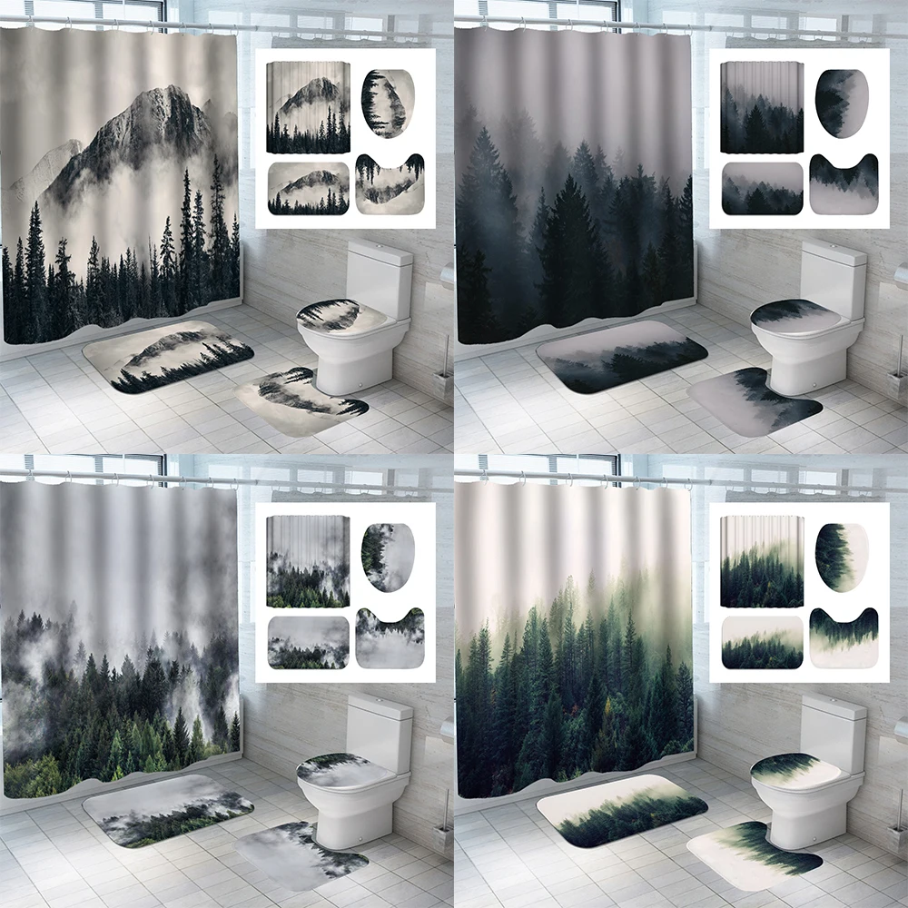 

Landscape Paintings Shower Curtain Set with Rugs Waterproof Bathing Screen Anti-slip Toilet Lid Cover Rugs Bathroom Decor