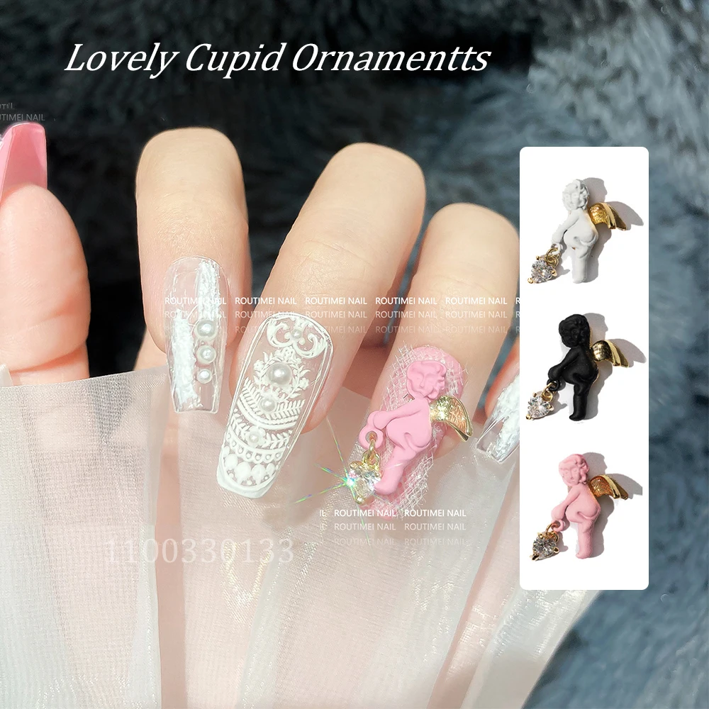

Vintage Baroque Cupid Charms Nail Embellish Trinkets Pink White Black Kawaii God Dangle Diamonds Manicure Jewelry Accessories 3D
