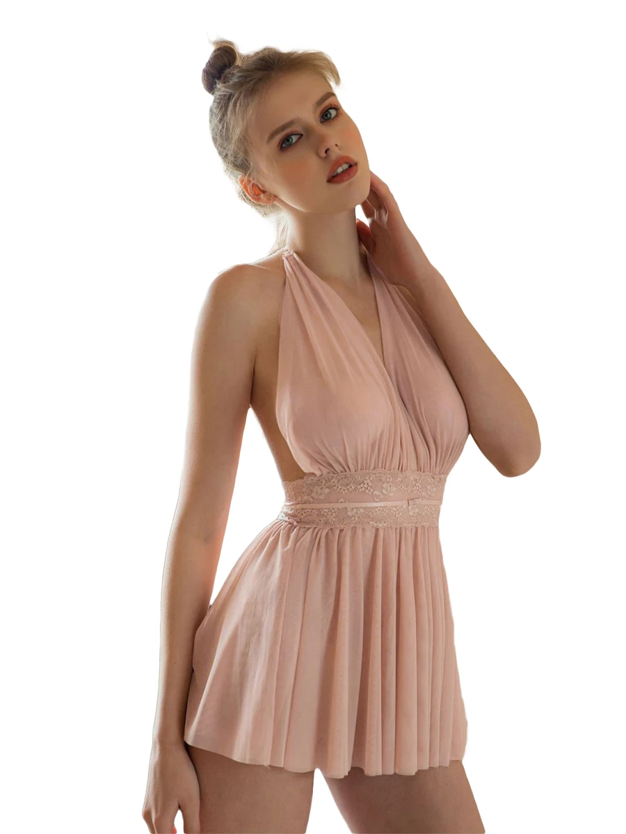 

Women Sexy Babydoll Lingerie Dress Pleated Mini Lingerie Dress Chemise Sleepwear Deep V Lace Sheer Mesh Halter Dress