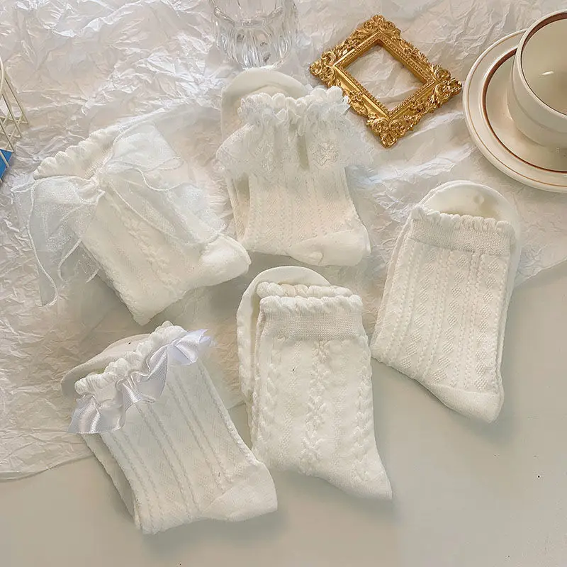 5 Pairs Lolita Socks White Bow Lace Socks Middle Tube Japanese College Style Princess Socks Sweet JK Streetwear Hosiery