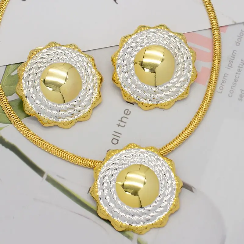 

Fashion Jewelry Set Round Shape Earrings Pendant Necklace 24K Gold Silver Color Copper Sets For Women Nigerian Accessory