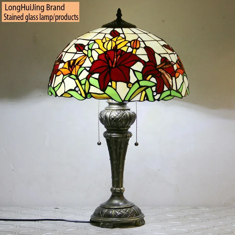 

LongHuiJing Tiffany Style Table Nightstand Banker Lamp Stained Glass Rose Lampshade Antique Desk Lights