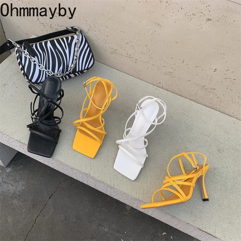 

2022 New Brand Women Sandal Shoes Fashion Narrow Band Ladies Gladiator Shoes Thin High Heel Square Toe Dress Pumps