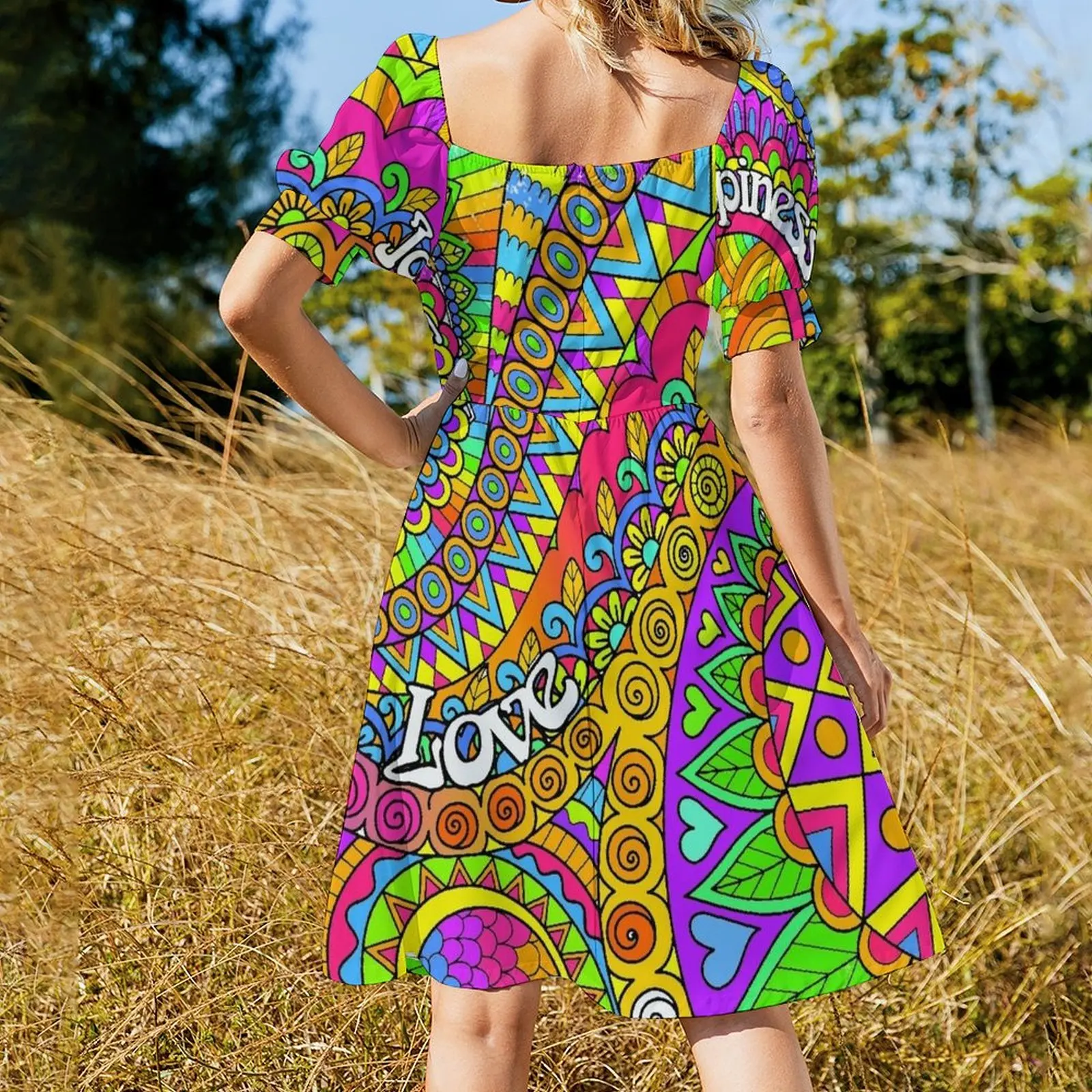 Психоделическое триповое красочное платье с короткими рукавами в стиле хиппи