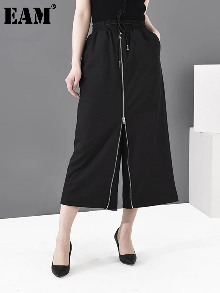 

[EAM] High Elastic Waist Black Zipper Split Long Wide Leg Trousers New Loose Fit Pants Women Fashion Spring Autumn 2022 JS99401