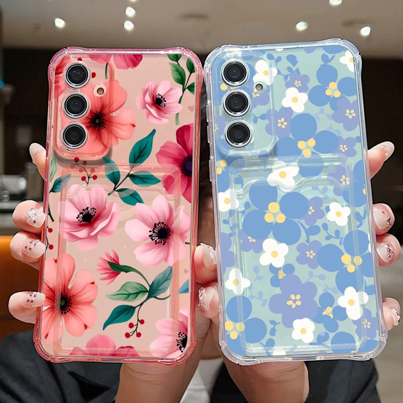 Фото Чехол для телефона из ТПУ с карманом для карт для Samsung Galaxy S26 S25 S24 Ultra S23 S25 FE A57 A37 A17 A56 A55 A16 A54, синий, с цветочным принтом №1