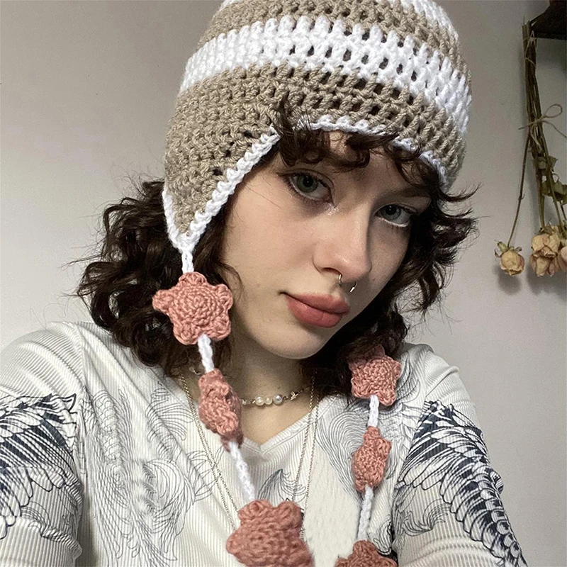 

YILEEGOO Warm Knit Hats with Ear Flaps Star Beanies for Women Winter Grunge Crochet Skull Caps