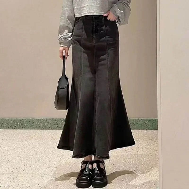 Юбка женская джинсовая средней длины винтажная простая повседневная в японском