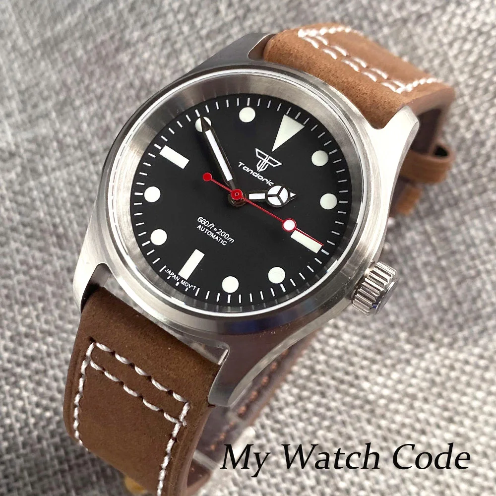 Tandorio Vintage 36mm Lady Pilot  Automatic Watch NH35A Red Second Hand Waterproof Sport Watches Montre Homme 20Bar Dive Clock
