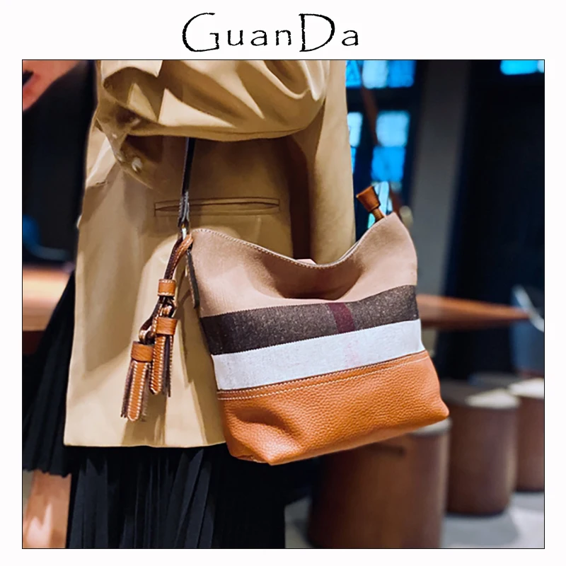 

Canvas Leather Women's Bag Fashion Retro Tassel Female Crossbody Handbag Luxury Plaid Striped Cotton Lady Bucket Shoulder Bag