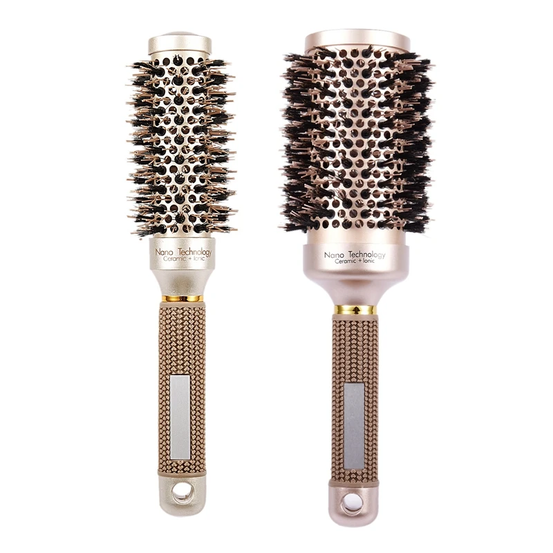 

2 Pcs Round Barrel Hair Brush With Simulation Boar Bristle, For Hair Drying, Curling, Gold (1.3 Inch & 2.1 Inch)