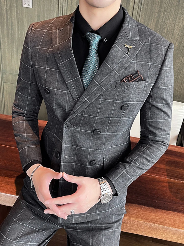 

Женский костюм с курткой и брюками, высококачественный брендовый клетчатый костюм из двух предметов, свадебное платье для жениха, костюм из...