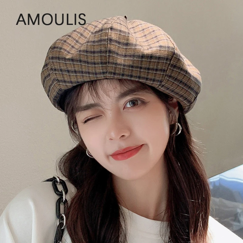 

AMOULIS Winter Retro Plaid Berets for Women French Artist Style Painter Hats Female Casual Octagonal Outdoor Keep Warm Beanies