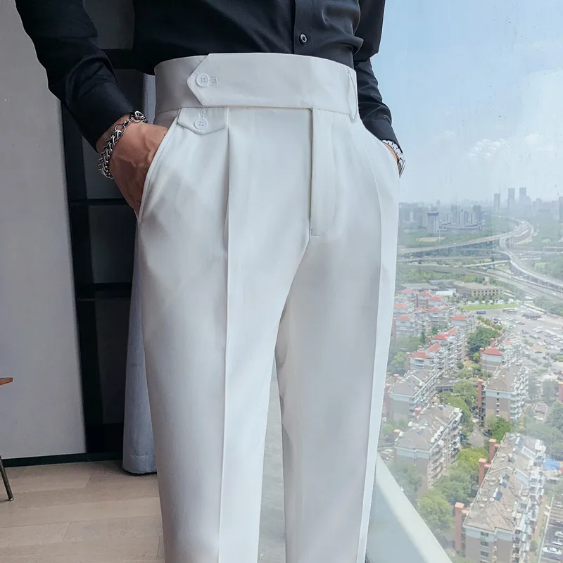 

Autumn Men's Business Dress Pants Solid Color Temperament Trousers British Casual Slim Suit Pants High Waist Wedding Streetwear