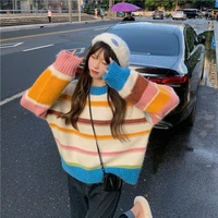 autumn and winter new loose stripe printing student korean version of wild fashion trend sweater plus velvet thick thick top