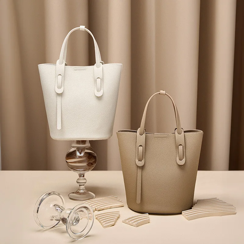 

Fahion 2piece/set Women's Genuine Leather Bucket Bag Soft Cowhide Lychee Pattern Handbag OL Business Shoulder Bag High Quality
