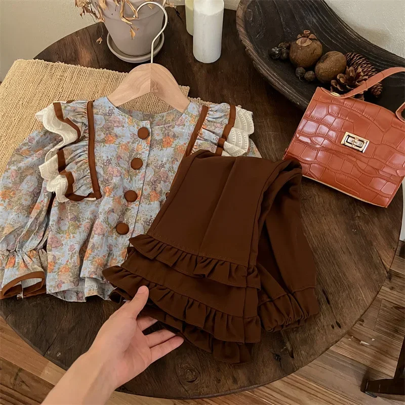Модная детская одежда милая рубашка с цветочным рисунком для маленьких девочек +