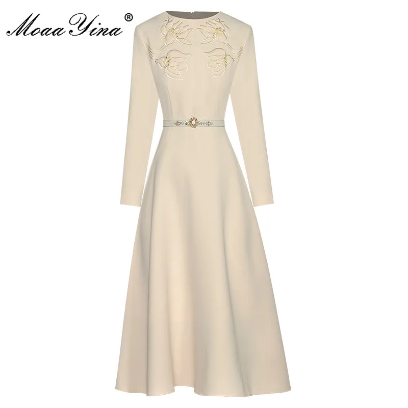 

MoaaYina Fashion Runway dress Autumn Women's Dress O Neck Long sleeve Embroidery Beading Belted Solid Dresses