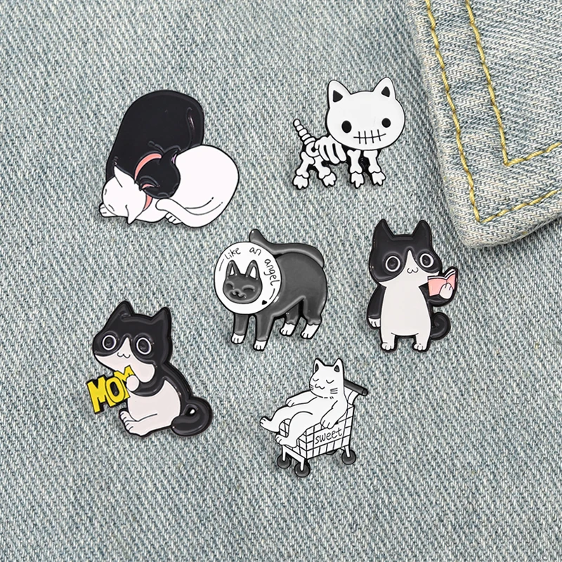 Броши-кошки Mom black white heart couple-кошки Fat cat sweet shopping cart Skeleton like an angel Read kitten Pins значки с