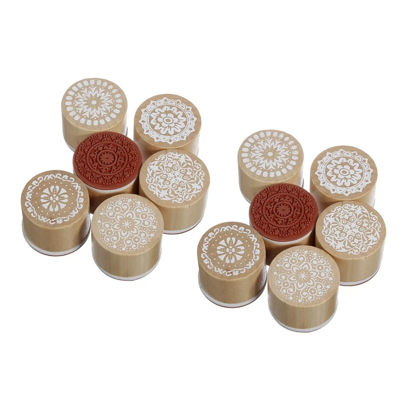 

12 Assorted Wooden Rubber Stamp Round Handwriting Floral Flower Craft