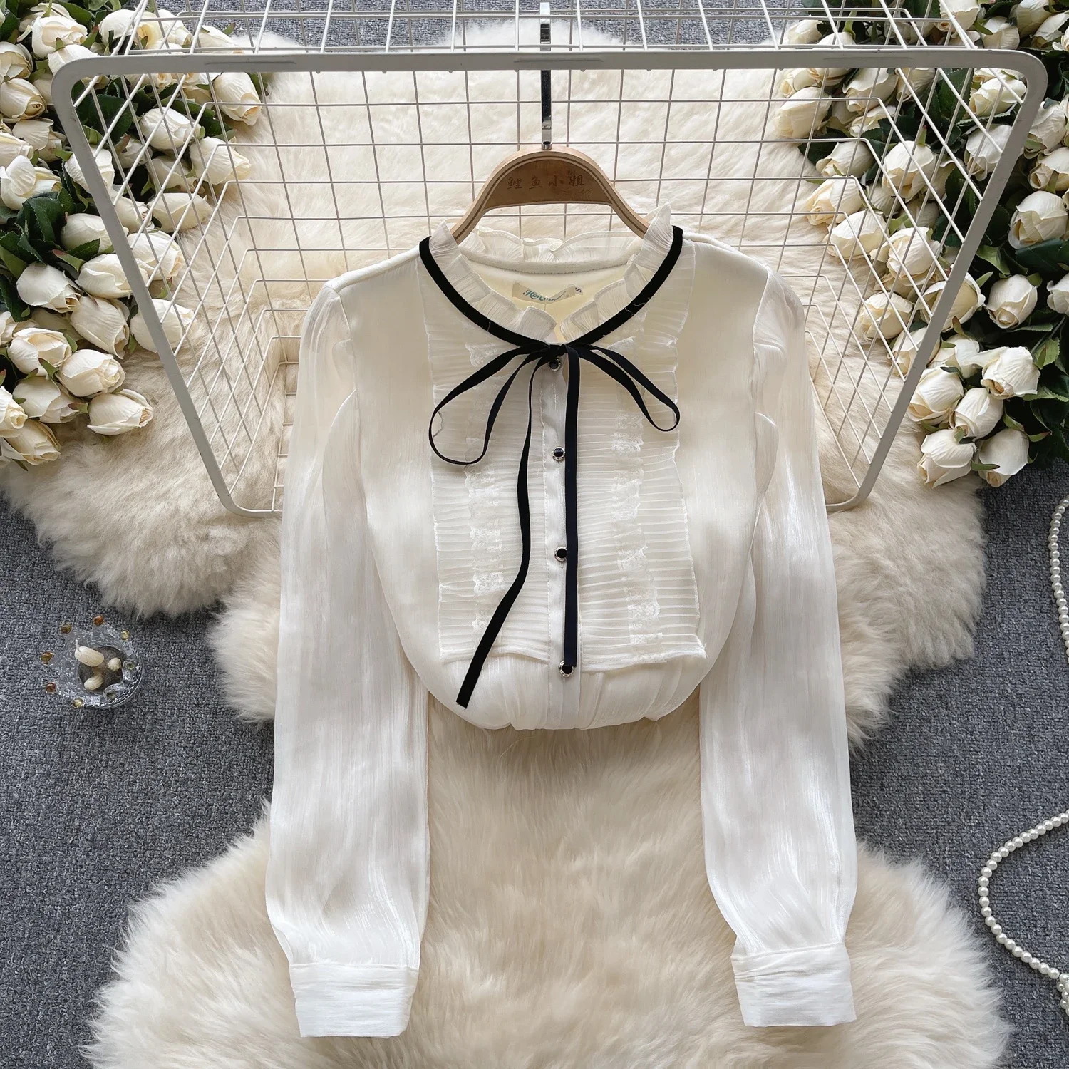 

Chic Sweet Ruffle Bandage Long Sleeve Blouse Elegant French Fashion Sexy Shirt Spring Autumn Women Crop Top