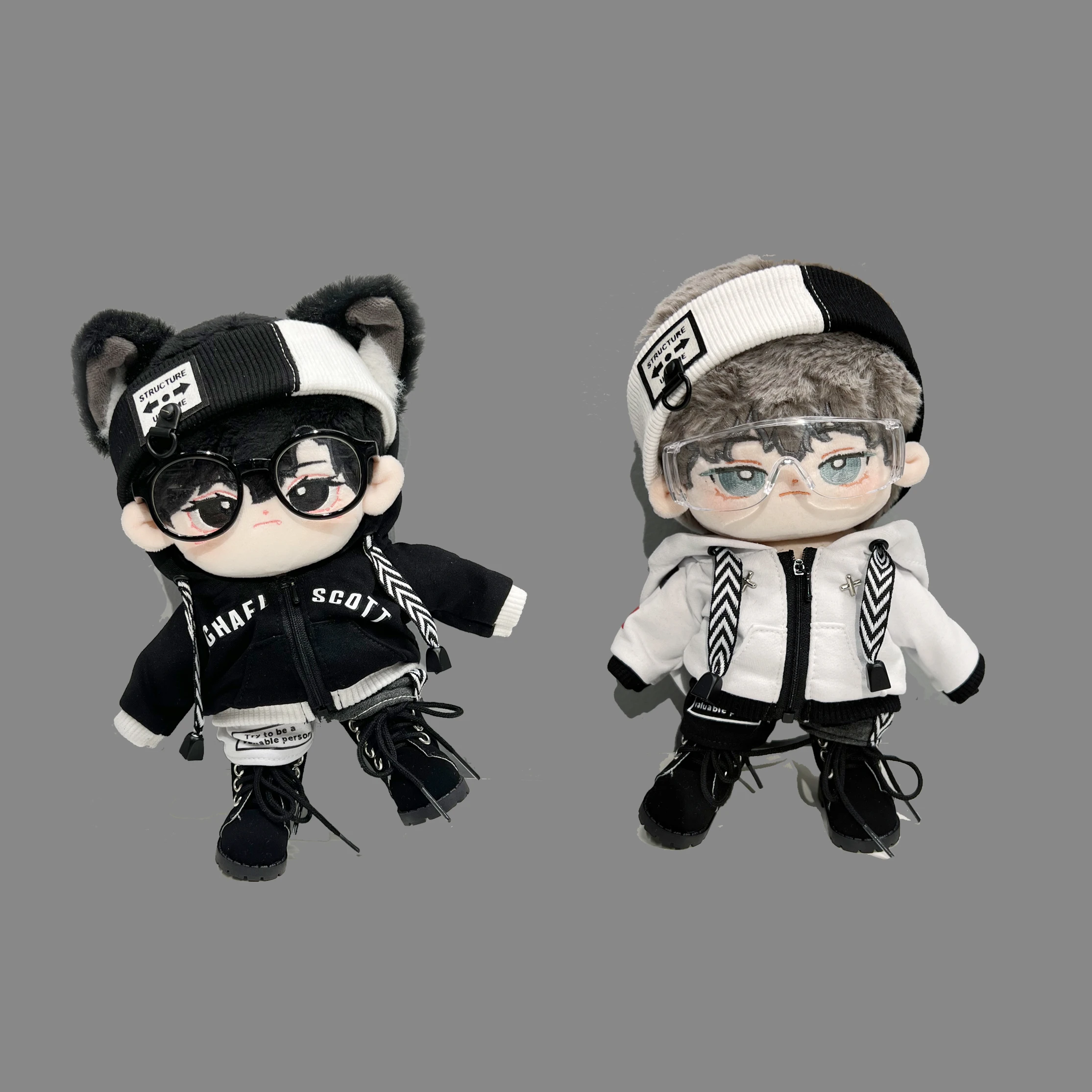 in Stock 15/20cm Plush Doll's Clothes 5PC Cool Suit Black Sweater Jacket Shorts Hairband Glasses Boots Dolls Accessories Outfit