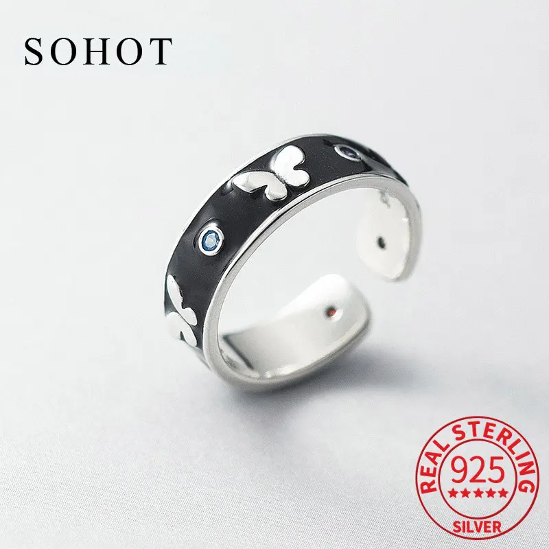 

Real 925 Sterling Silver Black Enamel Zircon Butterfly Adjustable Ring for Charm Women Classic Fine Jewelry Accessories