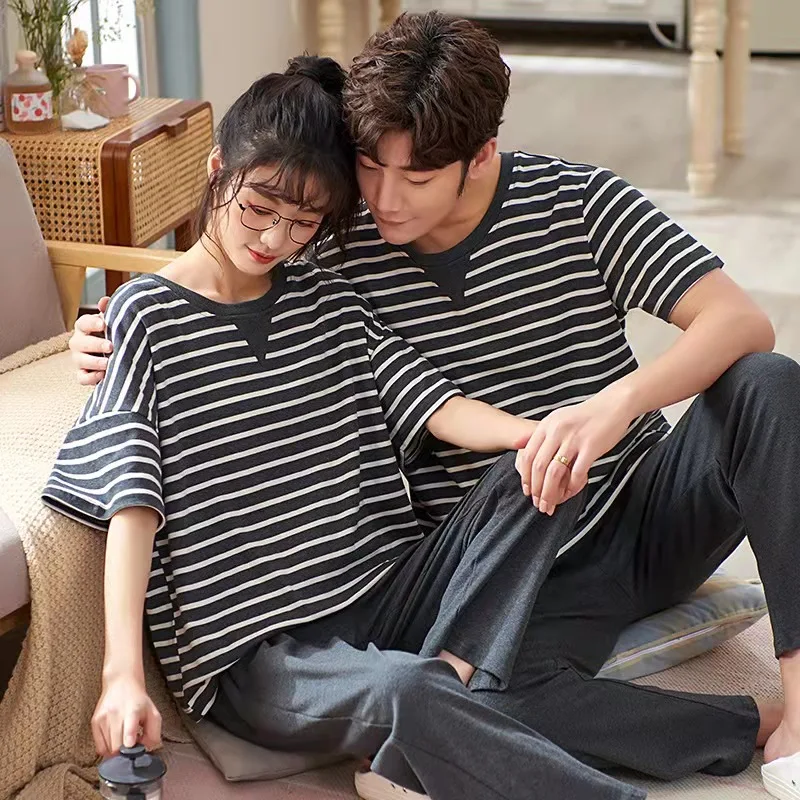 2022 Summer Fashion Women's Casual Lovely   Striped Short Sleeve Sleepwear Homewear Set With Pants Paired Pajamas For Couple's