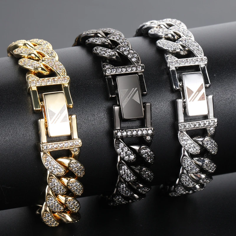

Hip-hop style stainless steel Cuban chain double row full diamond bracelet Design sense titanium steel Cuban bracelet