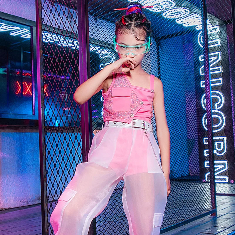 

Modern Jazz Dance Clothing For Girls Pink Sequin Tops White Yarn Pants Kids HipHop Suit Child Street Dance Stage Costume 2022