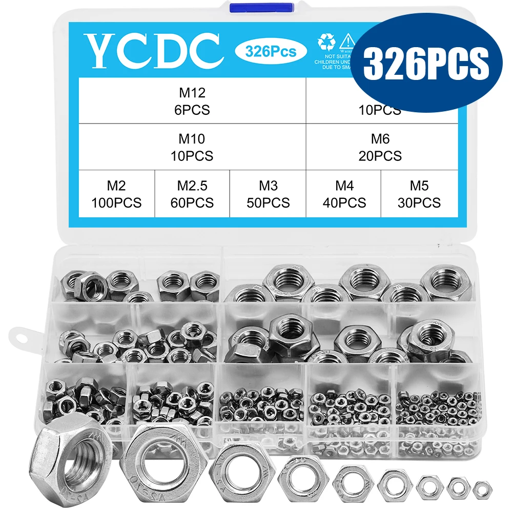 

326Pcs M2 M2.5 M3 M4 M5 M6 M8 M10 M12 YCDC Nylon Slip 304 Stainless Steel Self-locking Hexagon M2-M12 Hex Nut Assortment Kit