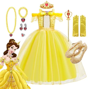 Imported Disney Girls Party Dress Belle Princess Costume Child Halloween Beauty and the Beast Cospaly Fancy D