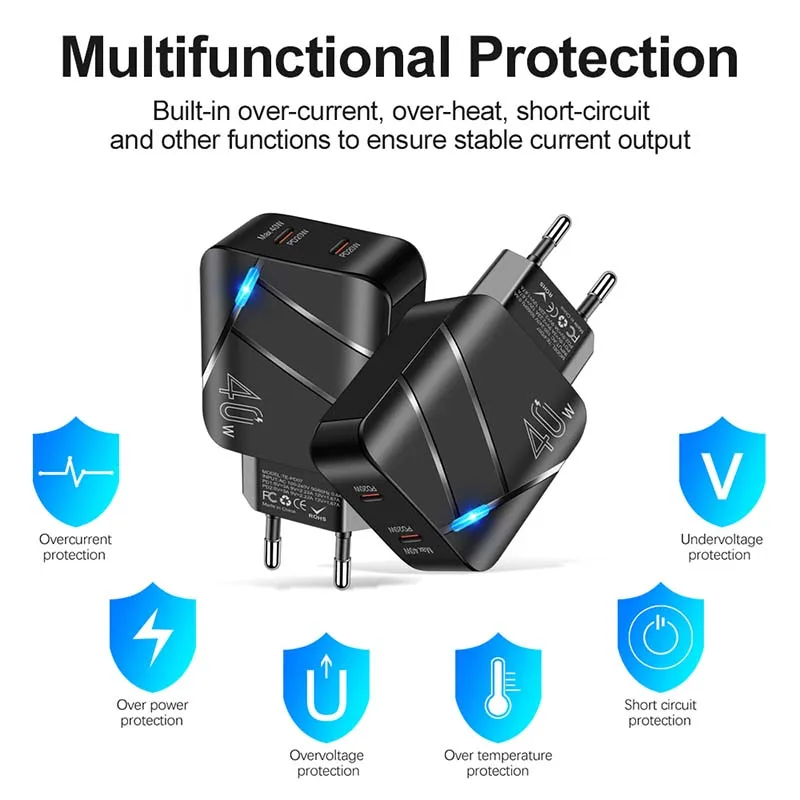 Фото Зарядное устройство PD с 2 портами USB Type-C, 40 Вт, адаптер для iPhone 14, 13, 12, Xiaomi, Samsung, Huawei, QC 3,0, зарядное устройство USB C для быстрой зарядки №4